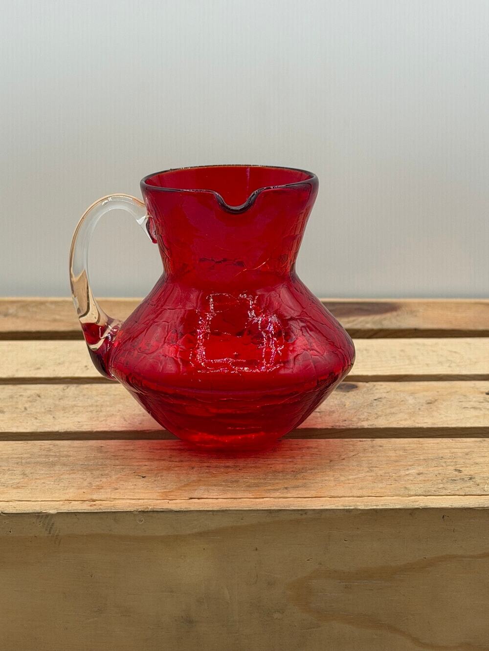 Vintage Mid-Century Ruby Red Crackle Glass Mini Pitcher - 4.25” Tall